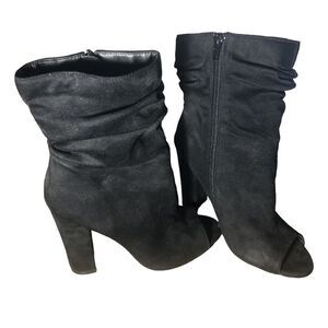 Venus Black Peep Toe Bootie 7.5 Block Heel Slouch Ankle Boot Vegan Suede